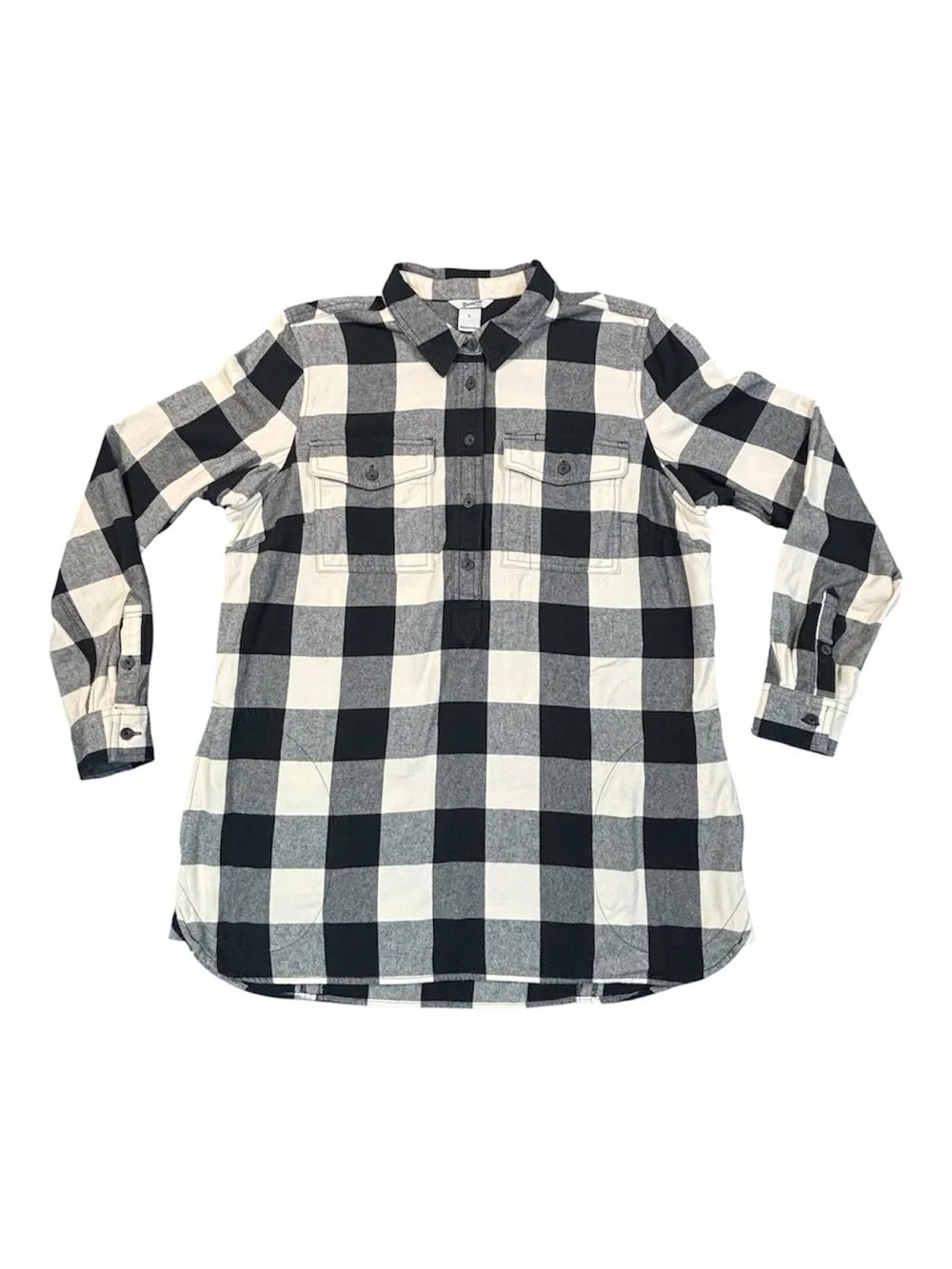 Duluth Trading Co Women L Flannel Shirt Shacket Plaid Black White Pockets Tunic